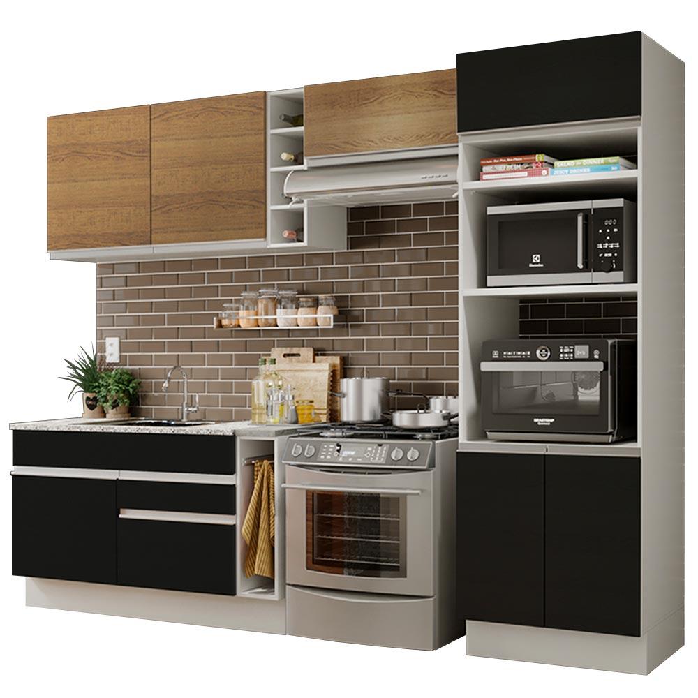 Cozinha Completa Madesa Cristal com Armário e Balcão (Sem Tampo e Pia) - Branco/Preto/Rustic