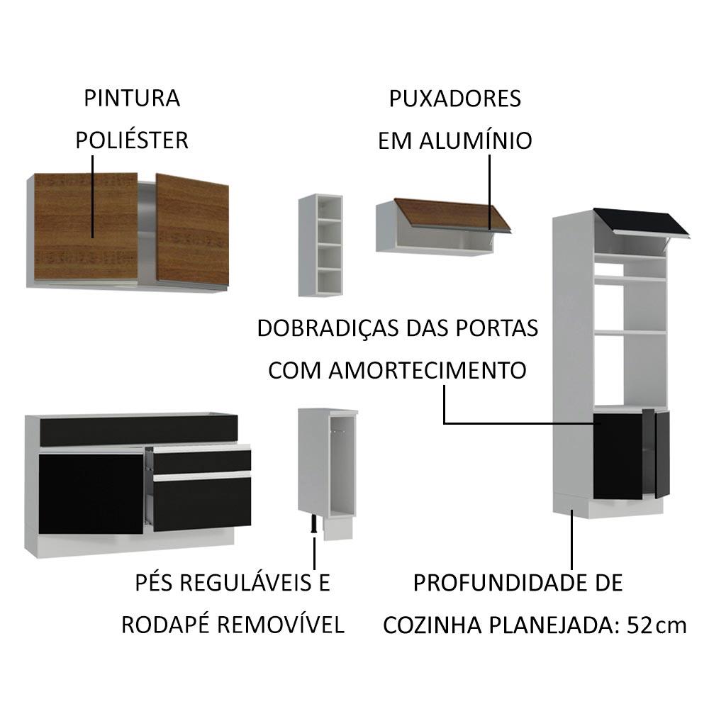 Cozinha Completa Madesa Cristal com Armário e Balcão (Sem Tampo e Pia) - Branco/Preto/Rustic