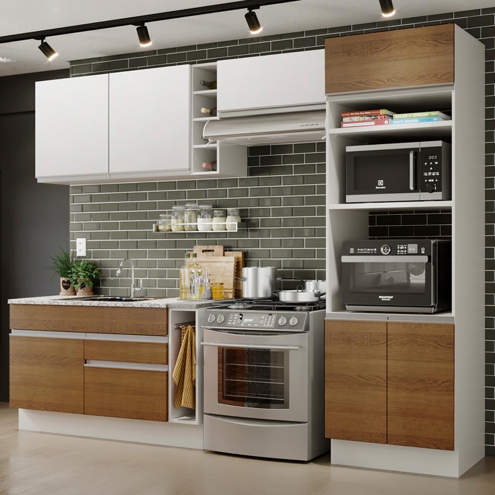 Cozinha Completa Madesa Cristal com Armário e Balcão (Sem Tampo e Pia) - Branco/Rustic/Branco