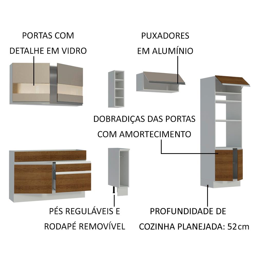 Cozinha Completa Madesa Cristal com Armário e Balcão (Sem Tampo e Pia) - Branco/Rustic/Crema