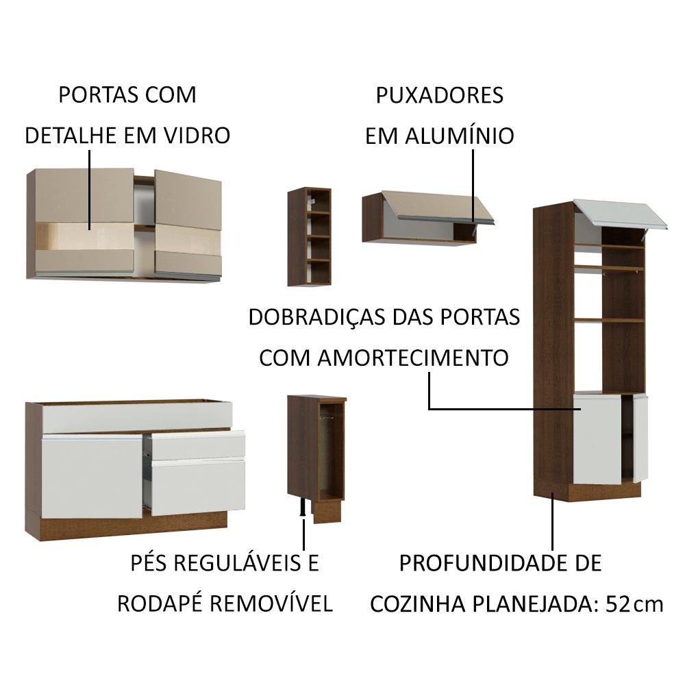 Cozinha Completa Madesa Cristal com Armário e Balcão (Sem Tampo e Pia) - Rustic/Branco/Crema