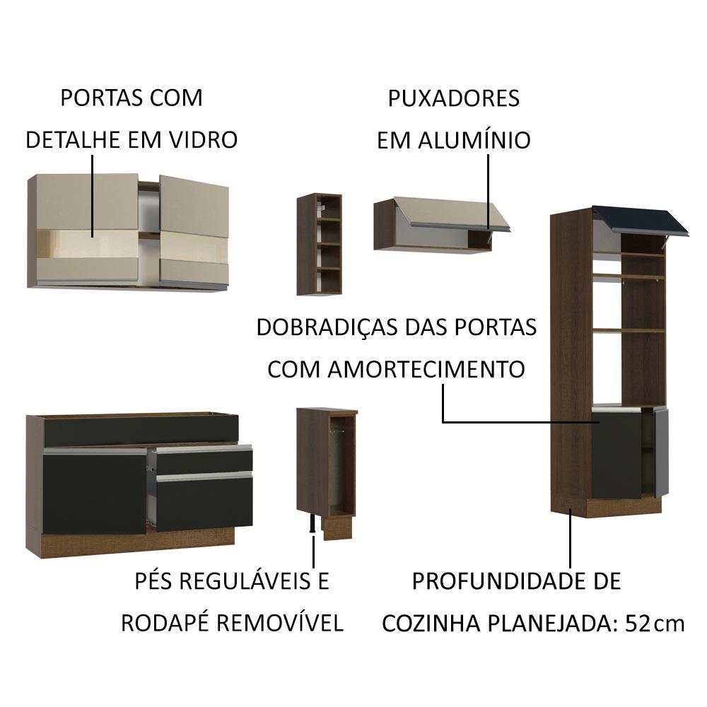 Cozinha Completa Madesa Cristal com Armário e Balcão (Sem Tampo e Pia) - Rustic/Preto/Crema