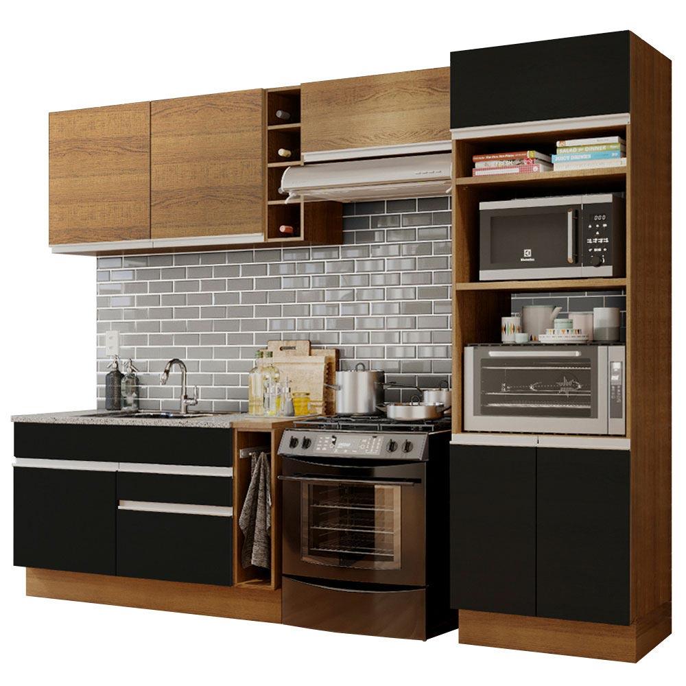 Cozinha Completa Madesa Cristal com Armário e Balcão (Sem Tampo e Pia) - Rustic/Preto/Rustic