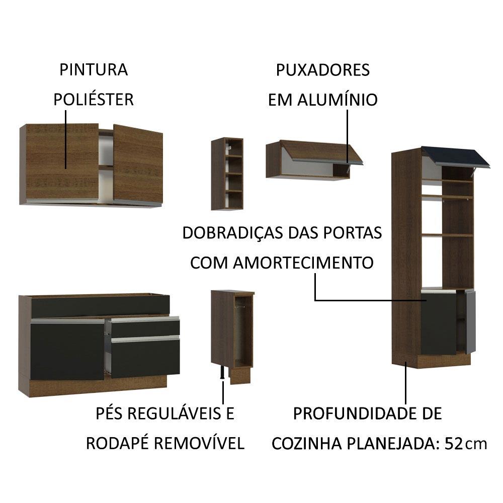 Cozinha Completa Madesa Cristal com Armário e Balcão (Sem Tampo e Pia) - Rustic/Preto/Rustic