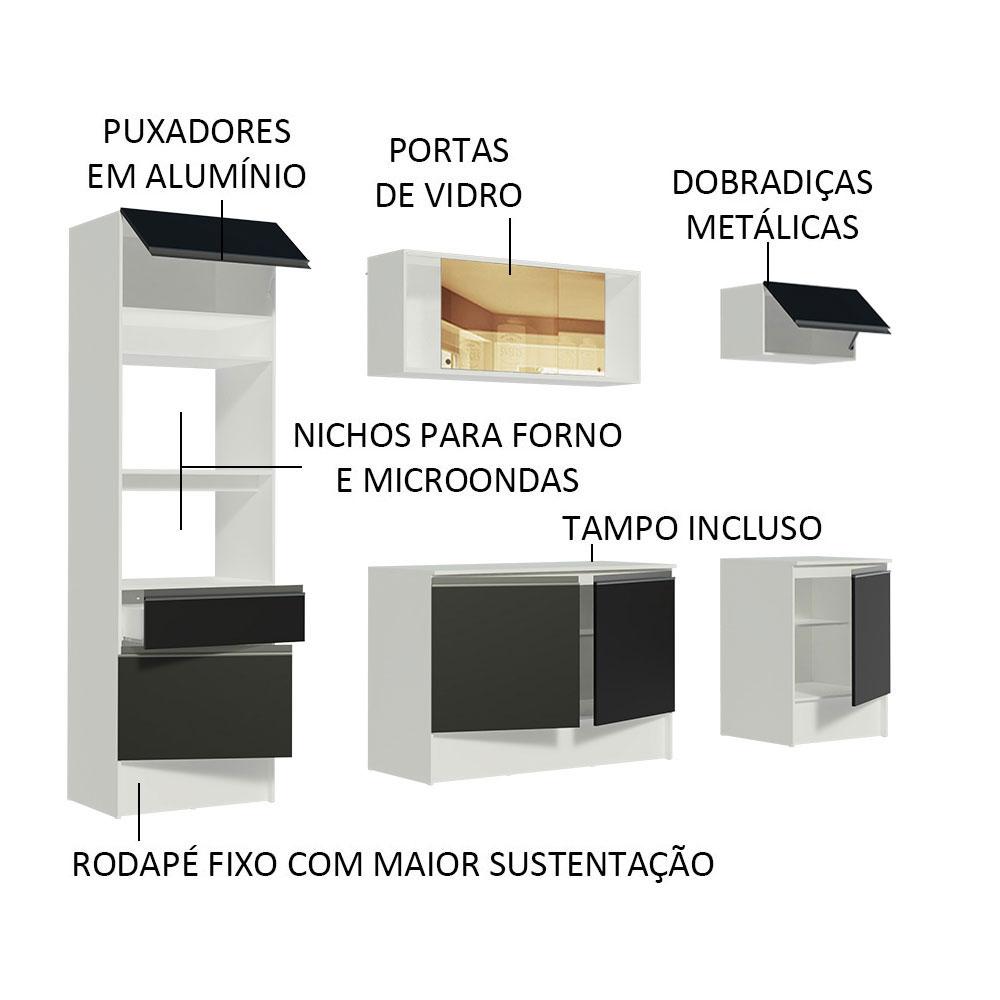 Cozinha Completa Madesa Diamante com Armário, Balcão e Tampo - Branco/Preto