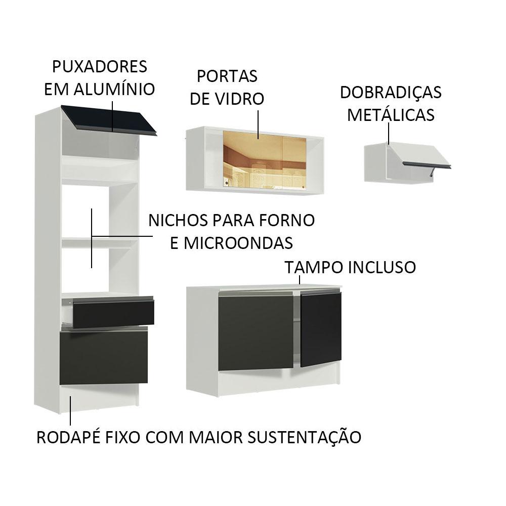 Cozinha Completa Madesa Diamante com Um Balcão, Armário e Tampo - Branco/Preto