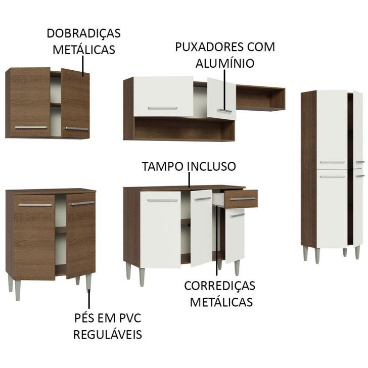 Armário de Cozinha Completa Madesa Emilly 293001 com Balcão e Paneleiro -  Rustic