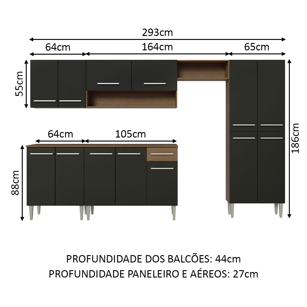 Cozinha Completa Madesa Emilly 293001 com Armário e Balcão - Rustic/Preto