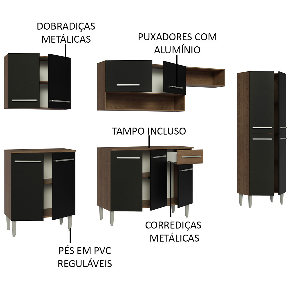 Cozinha Completa Madesa Emilly 293001 com Armário e Balcão - Rustic/Preto