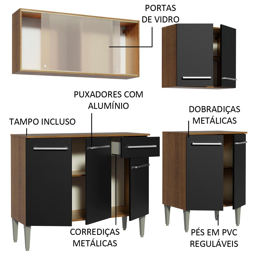Cozinha Completa Madesa Emilly Box com Balcão e Armário Vidro - Rustic/Preto