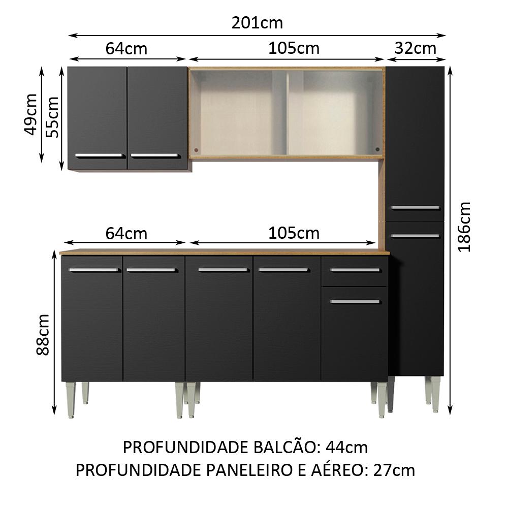 Cozinha Completa Madesa Emilly Fast com Balcão, Armário Vidro e Paneleiro - Rustic/Preto