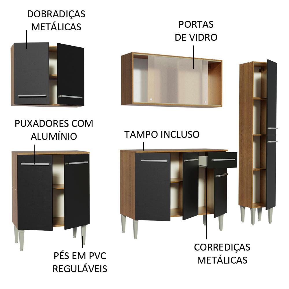 Cozinha Completa Madesa Emilly Fast com Balcão, Armário Vidro e Paneleiro - Rustic/Preto