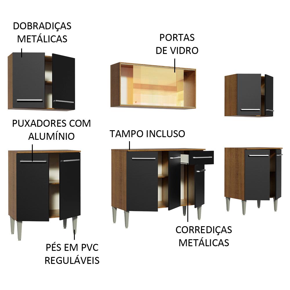 Cozinha Completa Madesa Emilly Fire com Balcão e Armário Aéreo Reflex - Rustic/Preto