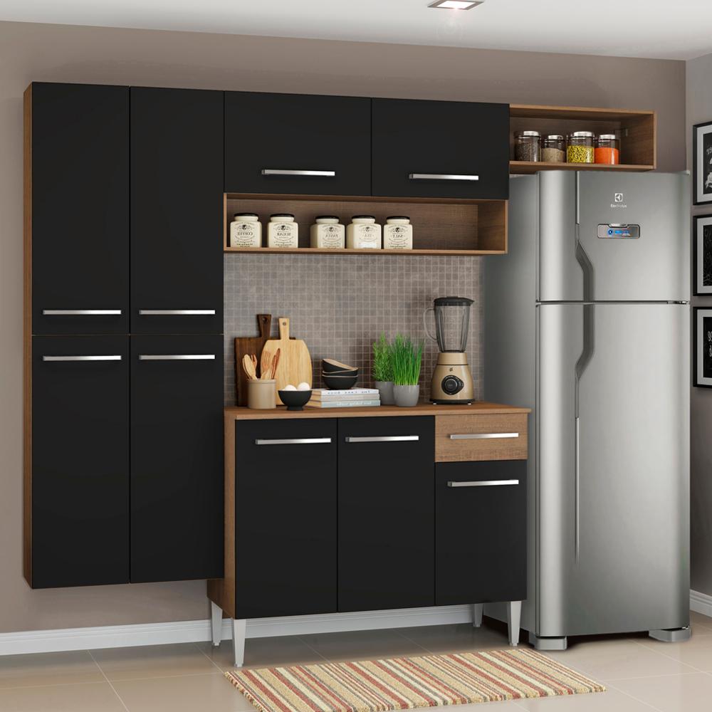 Cozinha Completa Madesa Emilly Fit com Armário, Balcão e Paneleiro Suspenso - Rustic/Preto