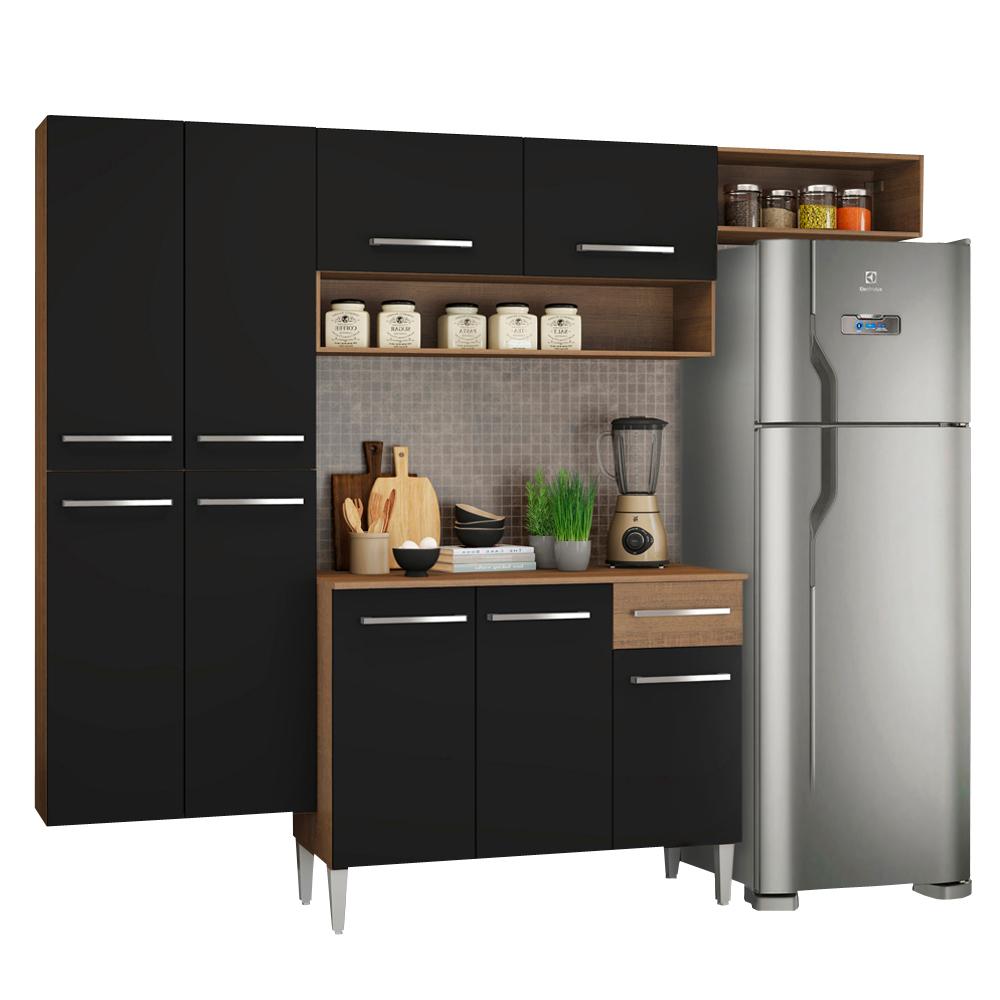 Cozinha Completa Madesa Emilly Fit com Armário, Balcão e Paneleiro Suspenso - Rustic/Preto