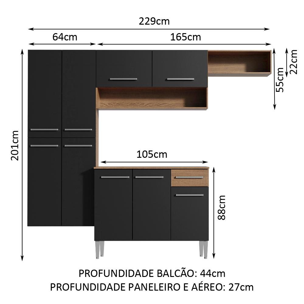 Cozinha Completa Madesa Emilly Fit com Armário, Balcão e Paneleiro Suspenso - Rustic/Preto