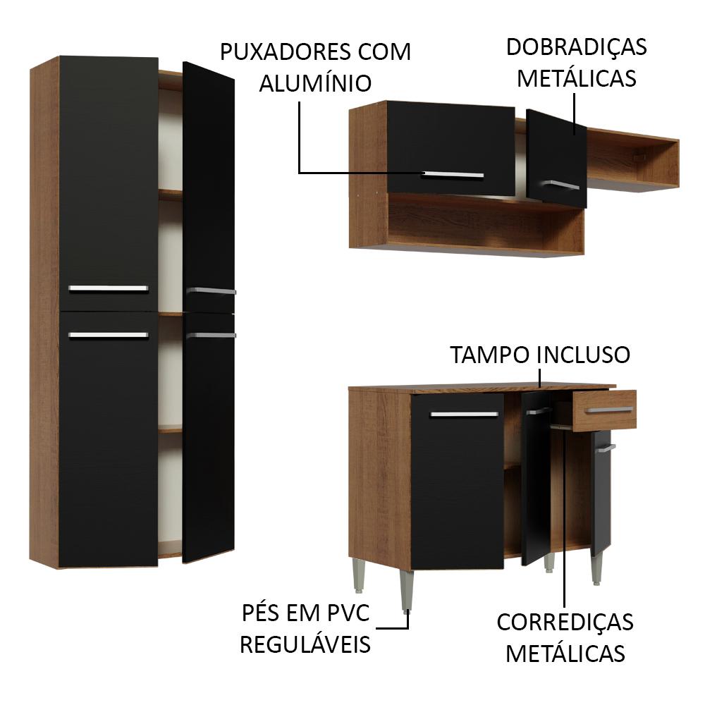 Cozinha Completa Madesa Emilly Fit com Armário, Balcão e Paneleiro Suspenso - Rustic/Preto