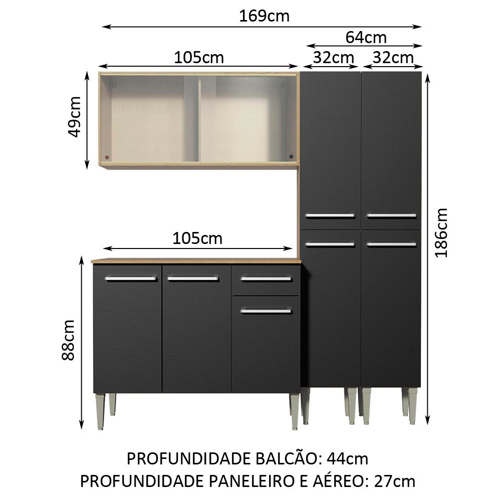 Cozinha Completa Madesa Emilly Fly com Armário Vidro, Balcão e Paneleiros - Rustic/Preto