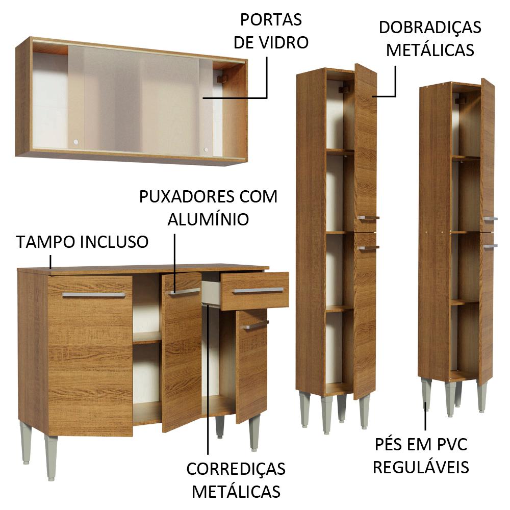 Cozinha Completa Madesa Emilly Fly com Armário Vidro, Balcão e Paneleiros