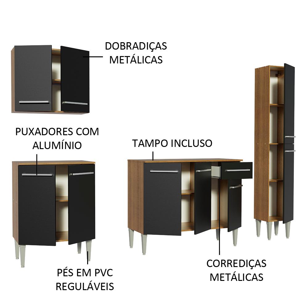 Cozinha Completa Madesa Emilly Sing com Armário, Balcão e Paneleiro - Rustic/Preto