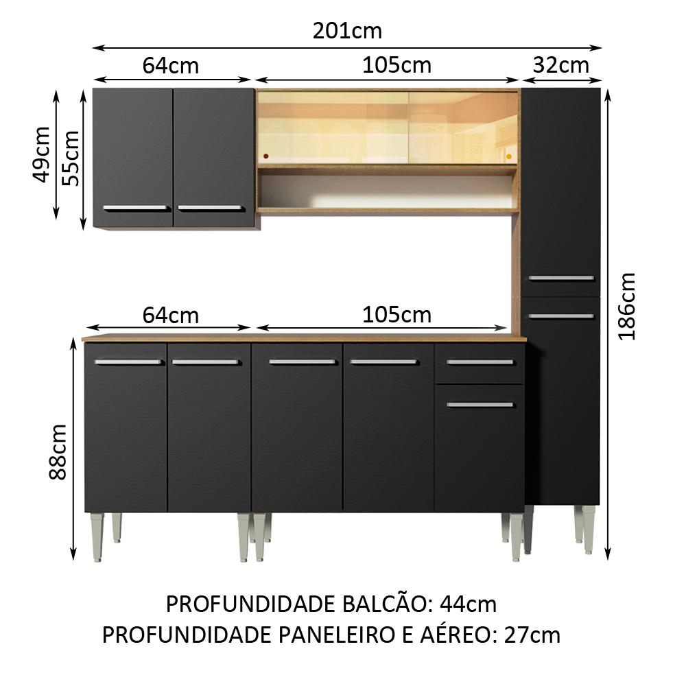 Cozinha Completa Madesa Emilly Sky com Armário Vidro Reflex e Balcão - Rustic/Preto