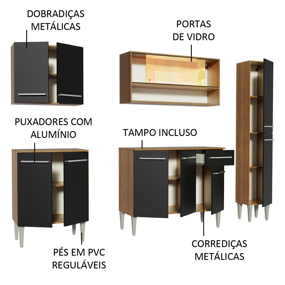 Cozinha Completa Madesa Emilly Sky com Armário Vidro Reflex e Balcão - Rustic/Preto