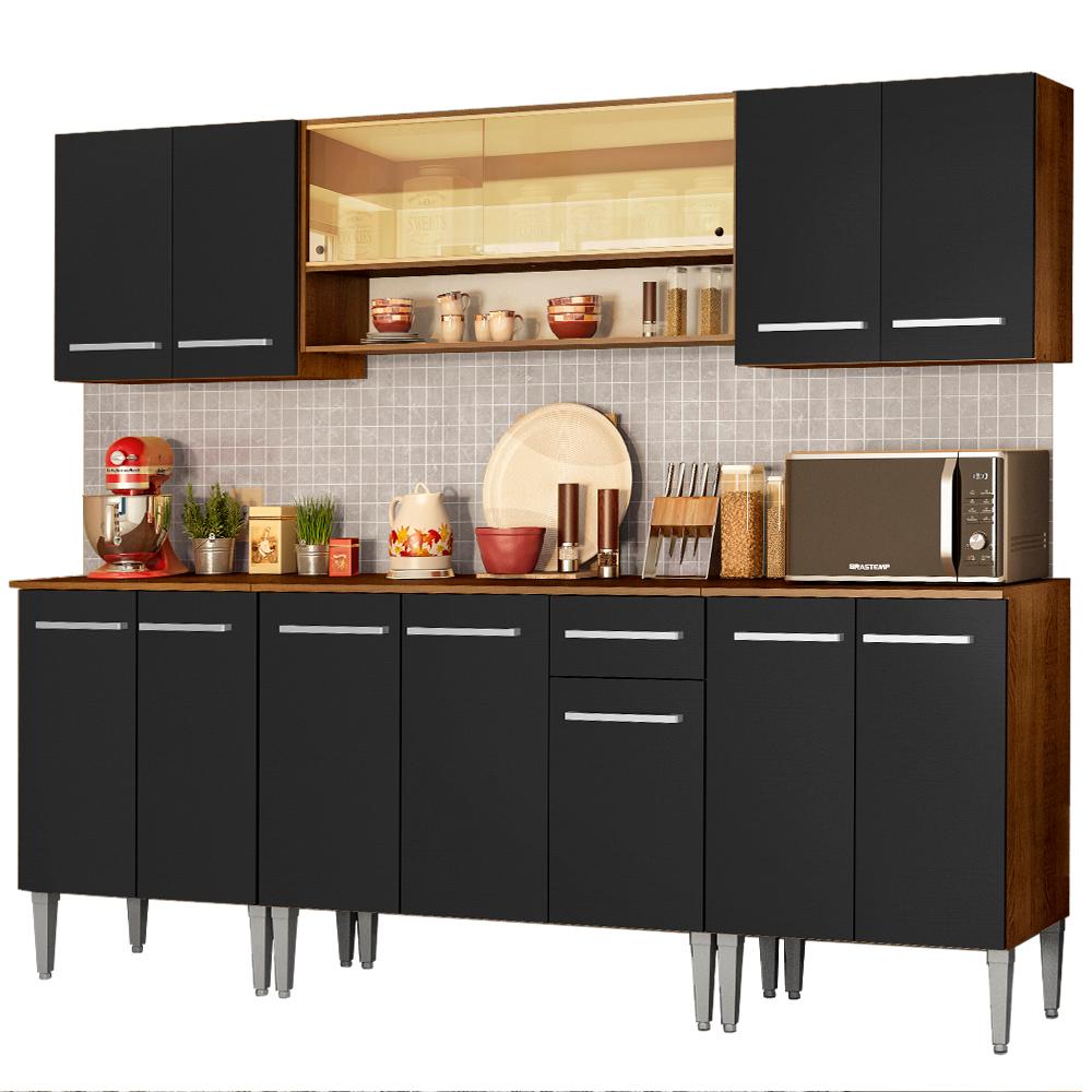 Cozinha Completa Madesa Emilly Smile com Balcão e Armário Vidro Reflex - Rustic/Preto