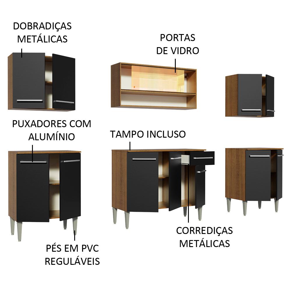 Cozinha Completa Madesa Emilly Smile com Balcão e Armário Vidro Reflex - Rustic/Preto