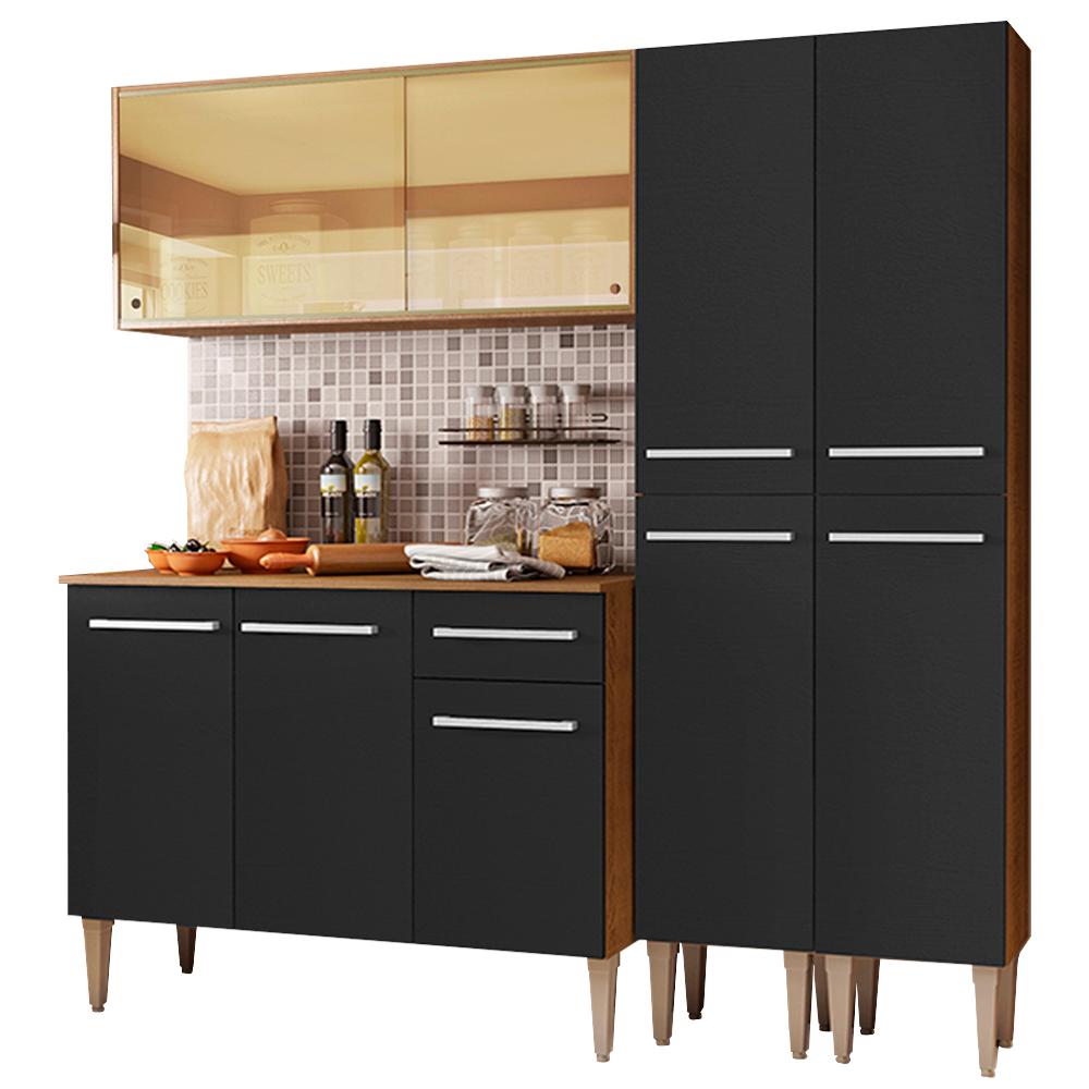 Cozinha Completa Madesa Emilly Voice com Armário Vidro Reflex, Balcão e Paneleiros - Rustic/Preto