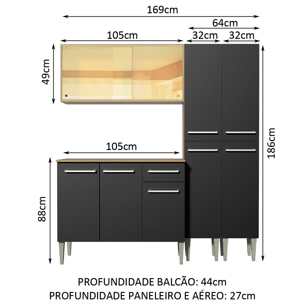 Cozinha Completa Madesa Emilly Voice com Armário Vidro Reflex, Balcão e Paneleiros - Rustic/Preto