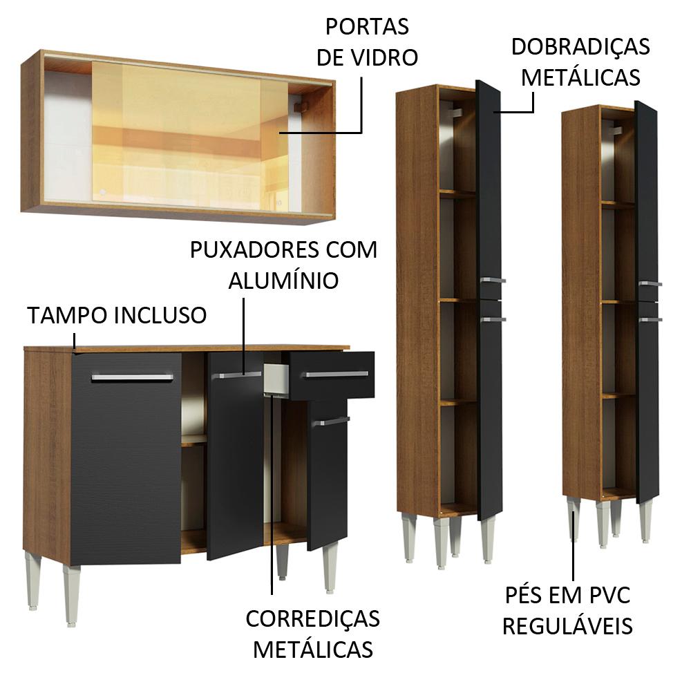 Cozinha Completa Madesa Emilly Voice com Armário Vidro Reflex, Balcão e Paneleiros - Rustic/Preto