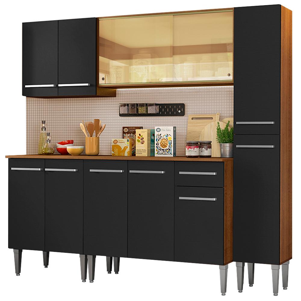 Cozinha Completa Madesa Emilly West com Balcão, Armário Vidro Reflex e Paneleiro - Rustic/Preto