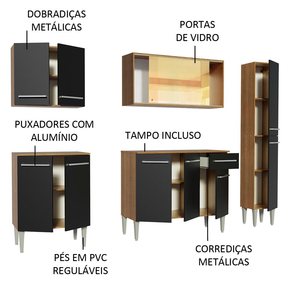 Cozinha Completa Madesa Emilly West com Balcão, Armário Vidro Reflex e Paneleiro - Rustic/Preto