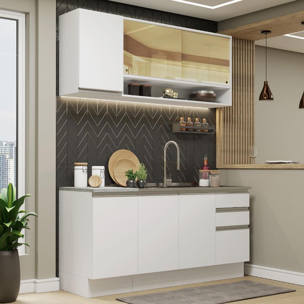 Cozinha Completa Madesa Glamy 160002 com Armário e Balcão (Sem Tampo e Pia) - Branco