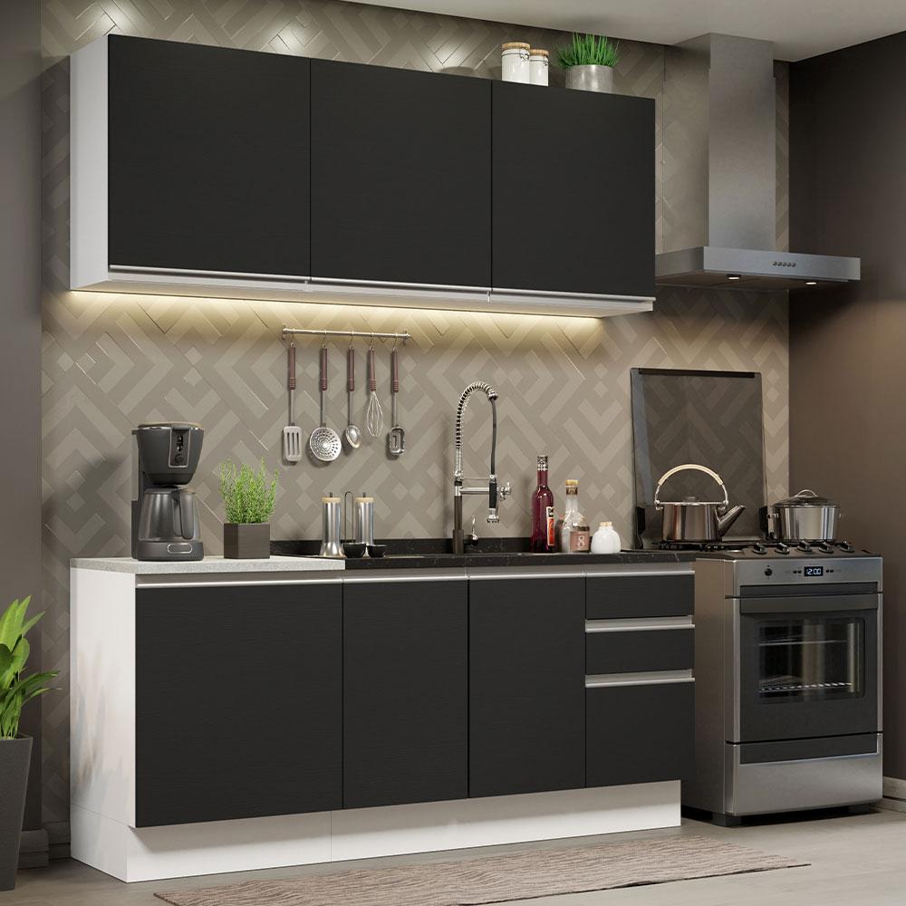Cozinha Completa Madesa Glamy 180005 com Armário e Balcão (Sem Tampo e Pia) - Branco/Preto