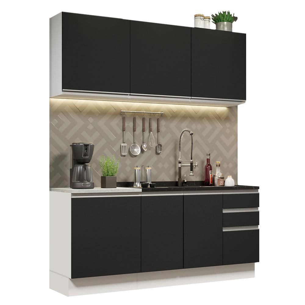 Cozinha Completa Madesa Glamy 180005 com Armário e Balcão (Sem Tampo e Pia) - Branco/Preto