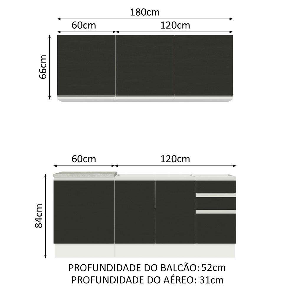 Cozinha Completa Madesa Glamy 180005 com Armário e Balcão (Sem Tampo e Pia) - Branco/Preto