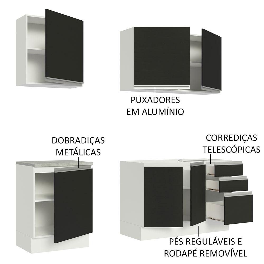 Cozinha Completa Madesa Glamy 180005 com Armário e Balcão (Sem Tampo e Pia) - Branco/Preto