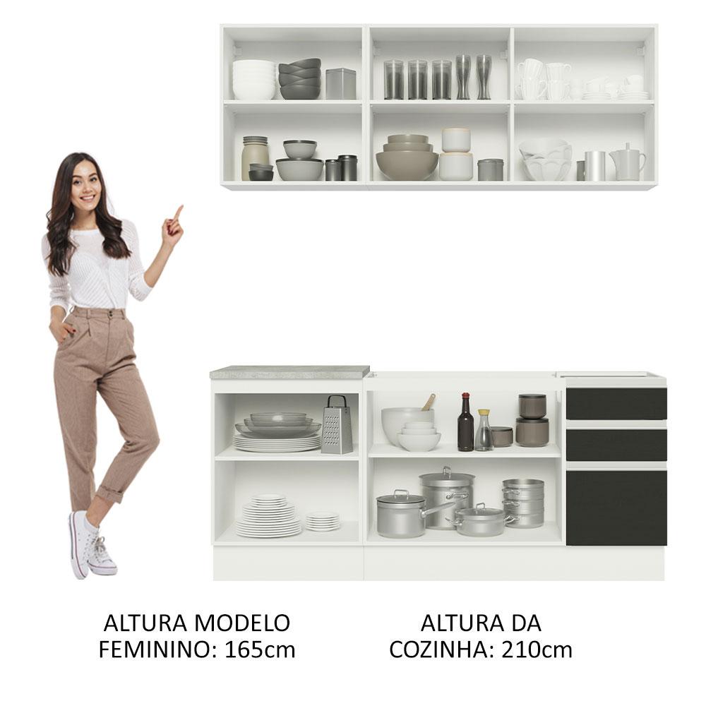 Cozinha Completa Madesa Glamy 180005 com Armário e Balcão (Sem Tampo e Pia) - Branco/Preto