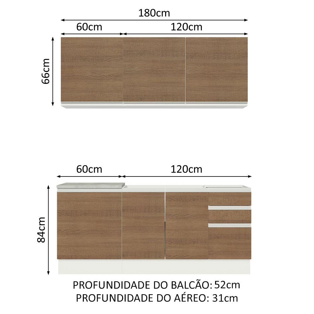 Cozinha Completa Madesa Glamy 180005 com Armário e Balcão (Sem Tampo e Pia) - Branco/Rustic