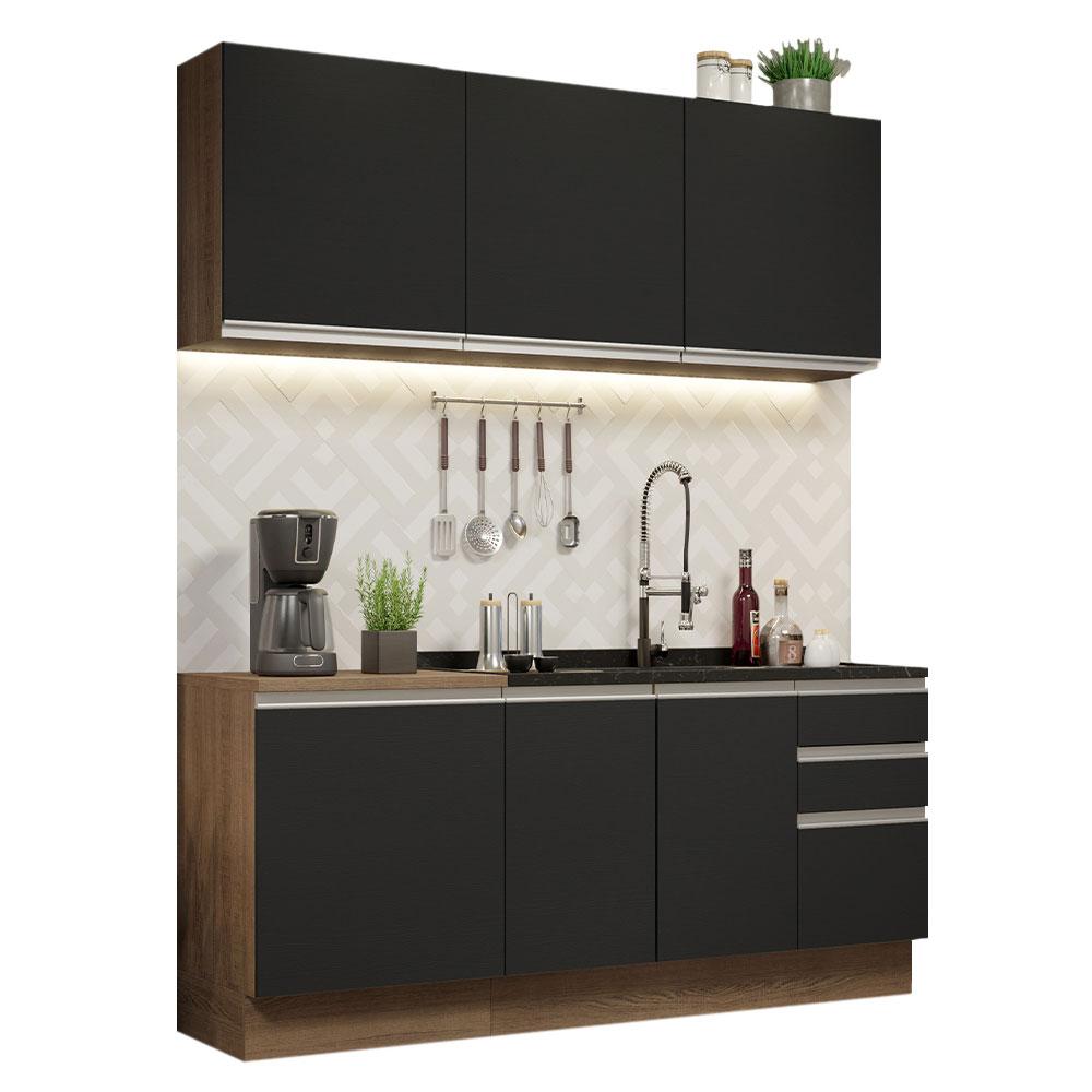 Cozinha Completa Madesa Glamy 180005 com Armário e Balcão (Sem Tampo e Pia) - Rustic/Preto
