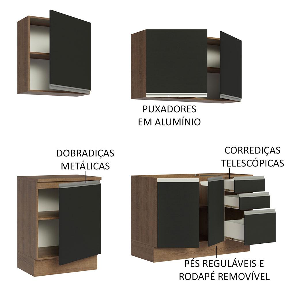 Cozinha Completa Madesa Glamy 180005 com Armário e Balcão (Sem Tampo e Pia) - Rustic/Preto