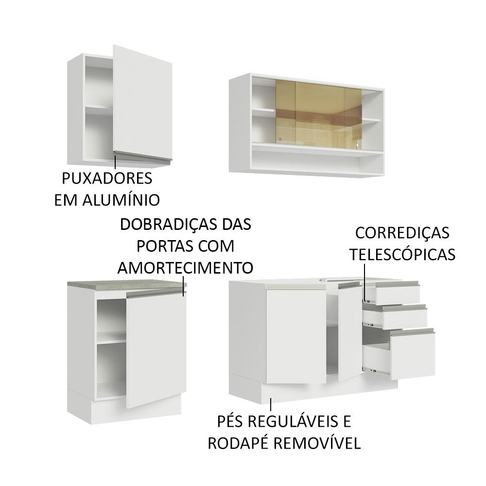 Cozinha Completa Madesa Glamy 180006 com Armário e Balcão (Sem Tampo e Pia) - Branco