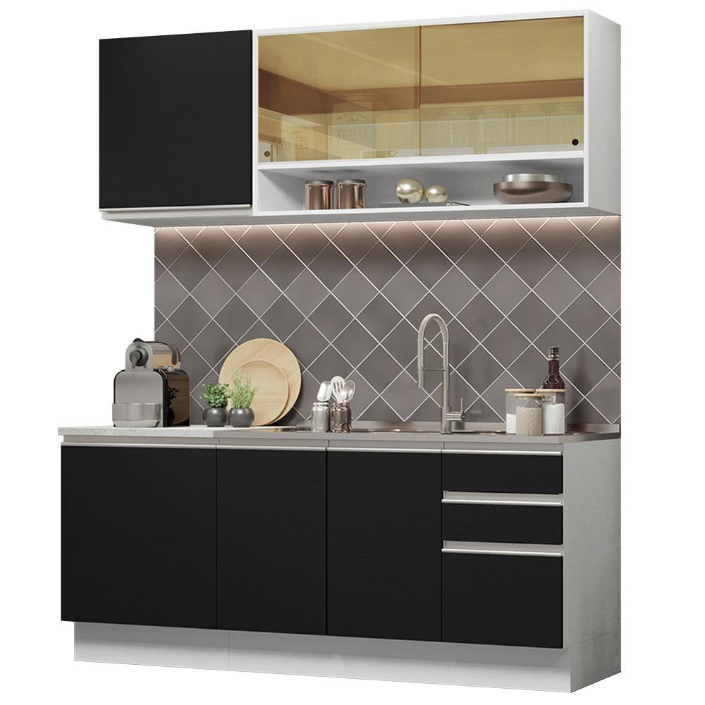 Cozinha Completa Madesa Glamy 180006 com Armário e Balcão (Sem Tampo e Pia) - Branco/Preto