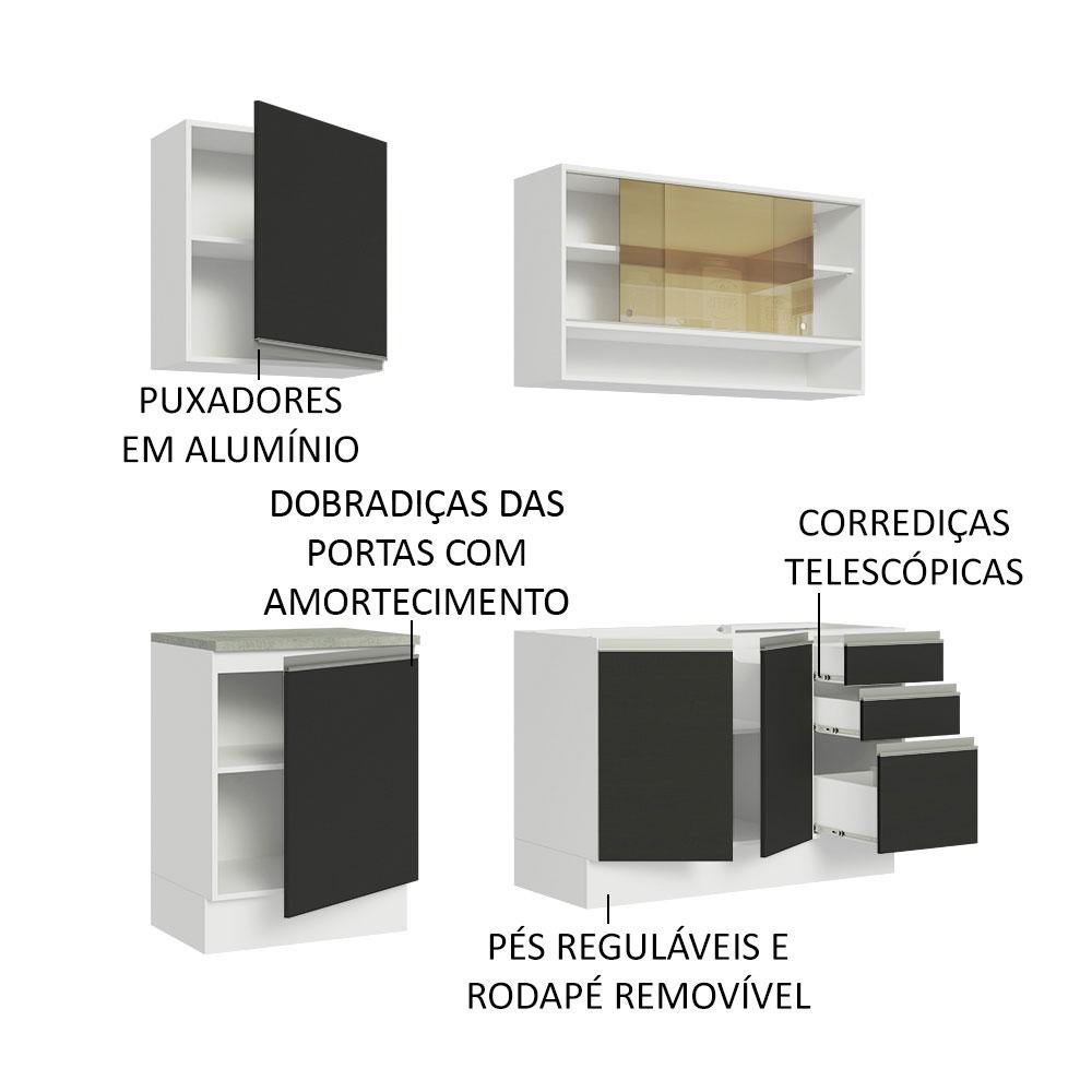 Cozinha Completa Madesa Glamy 180006 com Armário e Balcão (Sem Tampo e Pia) - Branco/Preto