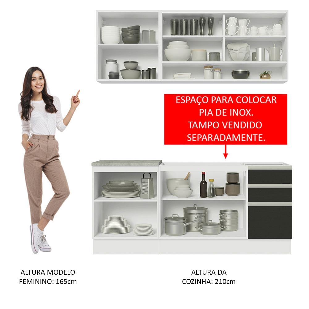 Cozinha Completa Madesa Glamy 180006 com Armário e Balcão (Sem Tampo e Pia) - Branco/Preto