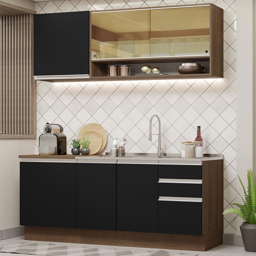 Cozinha Completa Madesa Glamy 180006 com Armário e Balcão (Sem Tampo e Pia) - Rustic/Preto