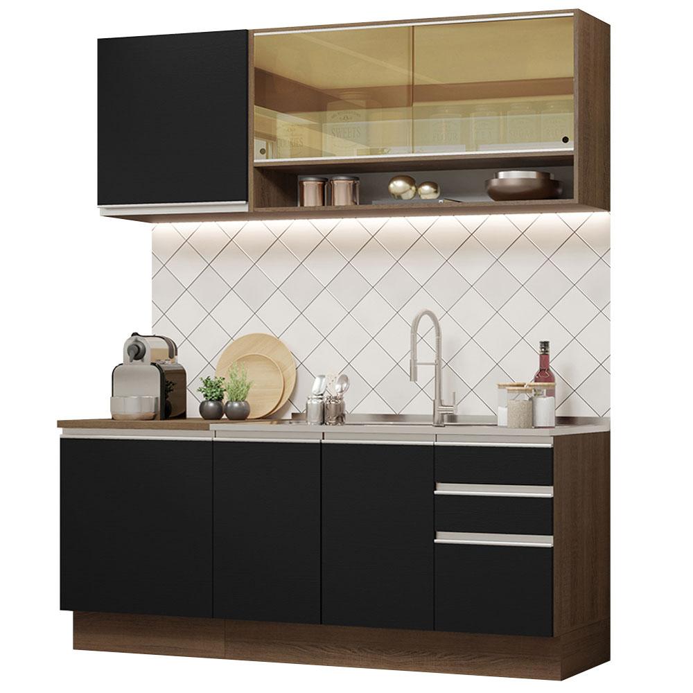 Cozinha Completa Madesa Glamy 180006 com Armário e Balcão (Sem Tampo e Pia) - Rustic/Preto