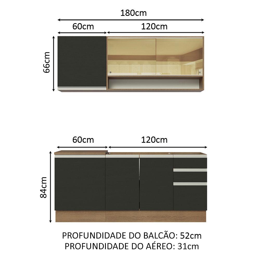 Cozinha Completa Madesa Glamy 180006 com Armário e Balcão (Sem Tampo e Pia) - Rustic/Preto