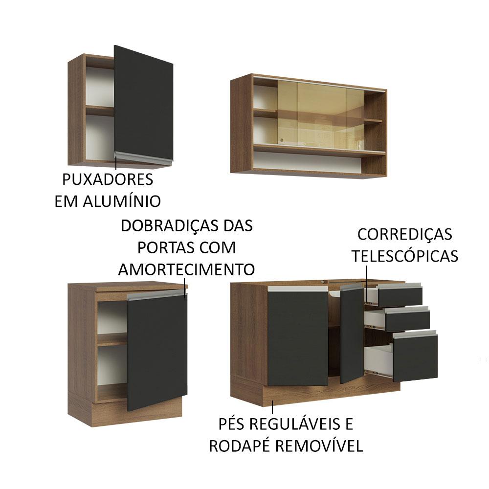 Cozinha Completa Madesa Glamy 180006 com Armário e Balcão (Sem Tampo e Pia) - Rustic/Preto
